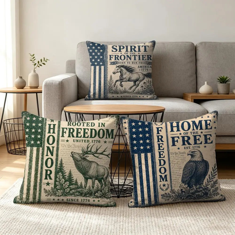 Patriotic Wild Creatures Cushion Cover Summer Linen Pillow Case Organic Fabric Cushion Cover Double-Sided Print Sofa Home Decor