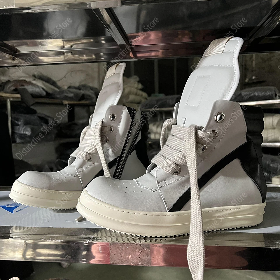 

Men's Casual Shoes Genuine Leather Shoe for Women Black Solid Sneakers Lace-up Men's Shoes Giant Shoelace Inverted Triangle Shoe
