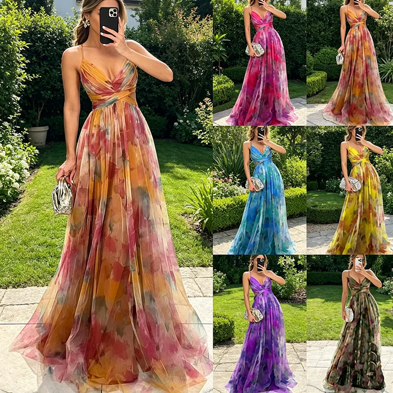 Damenmode Frühling Sommer Neues Mesh-Kleid mit Blumenmuster Elegantes Partykleid Damen Neckholder-Kleid für Urlaub und Strand Langes Kleid