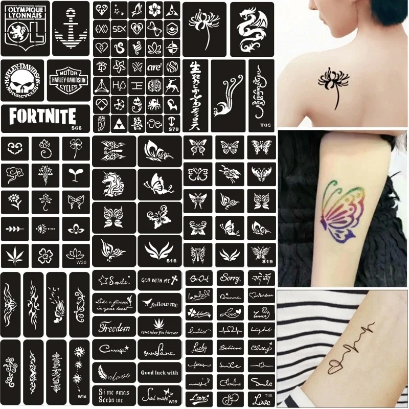 Plantillas de tatuaje reutilizables para manos, piernas, brazos, Delfín, gato, mariposa, aerógrafo pequeño, purpurina, Henna, plantillas para niñas,