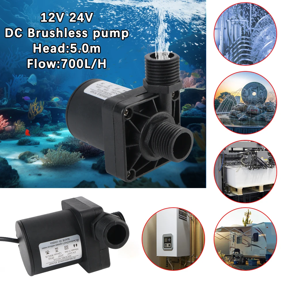 Brushless Solar Motor Water Pump IP68 Water Heater Shower Floor Heating Booster Pump US Plug DC 12V 24V Silent 4 Points Threaded