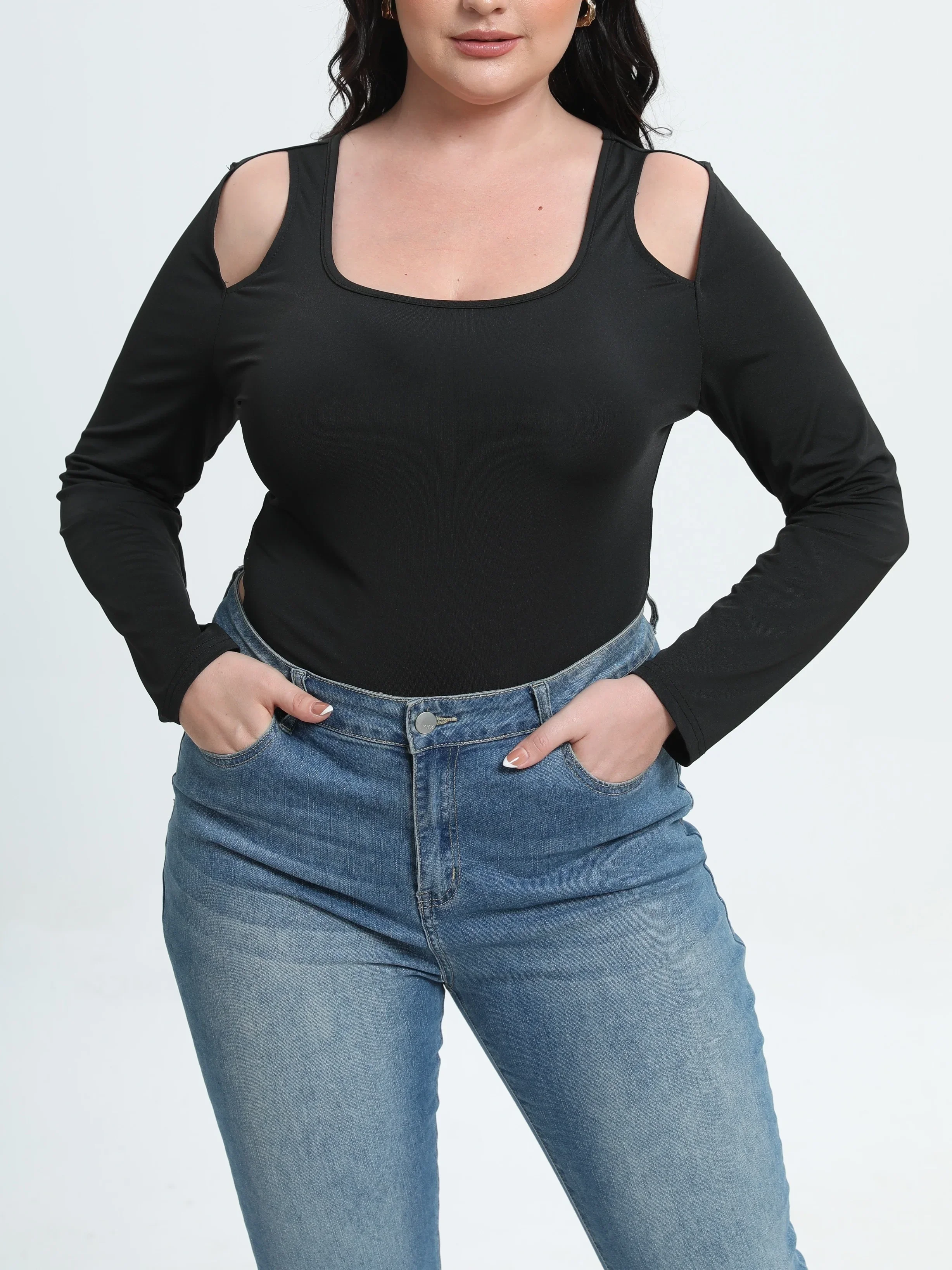 Plus Size Damskie body casualowe w jednolitym kolorze z wycięciem z długim rękawem i wykończeniem Skinny Bodysuit Ladies Slim Fit Blouse Top 2024