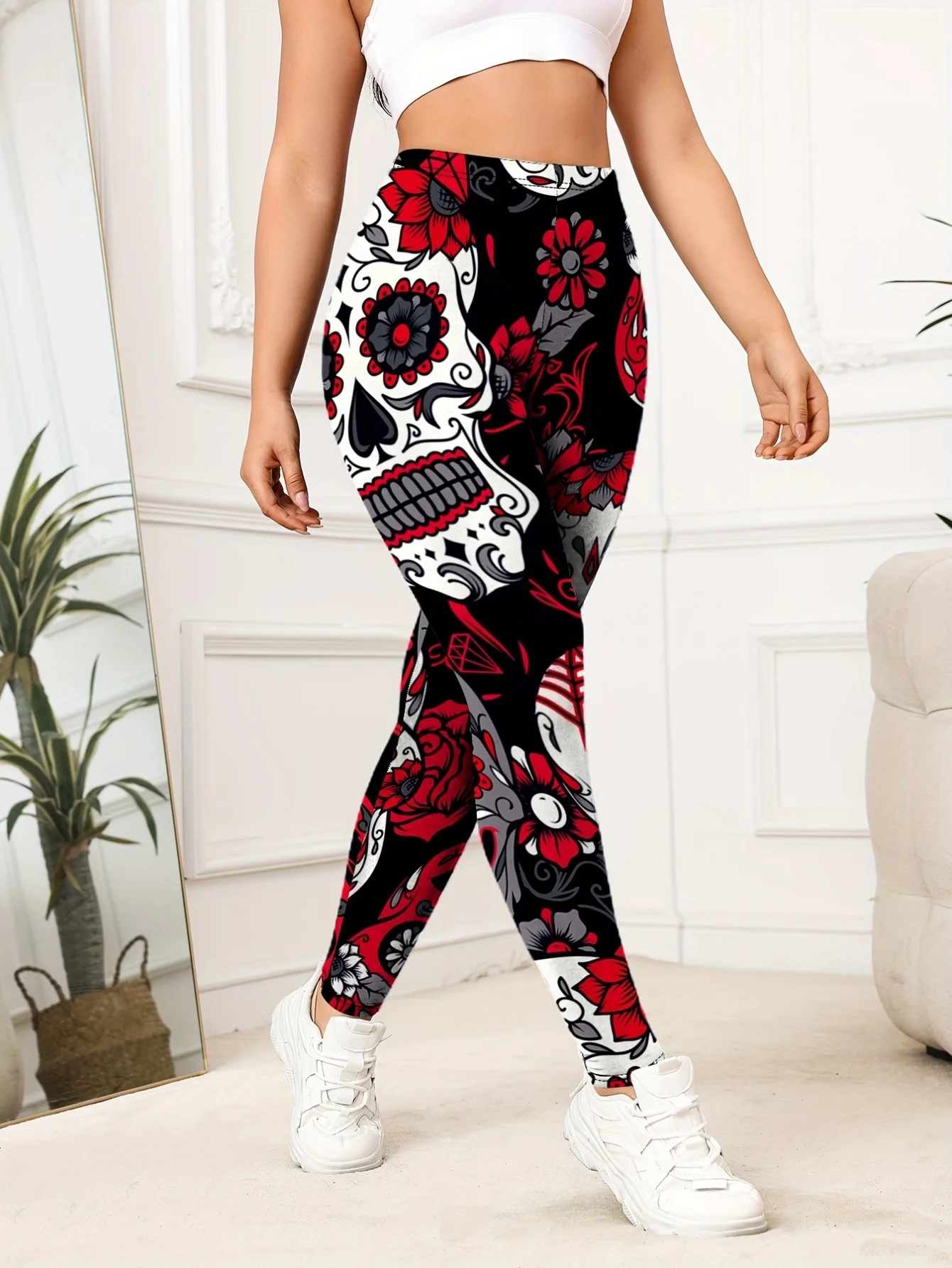 Yoga Pants, Women's High‑Waist Halloween Sugar Skull Rose Floral Print Stretch Leggings, Soft Full‑Length Holiday Costume Workout Casual Pants