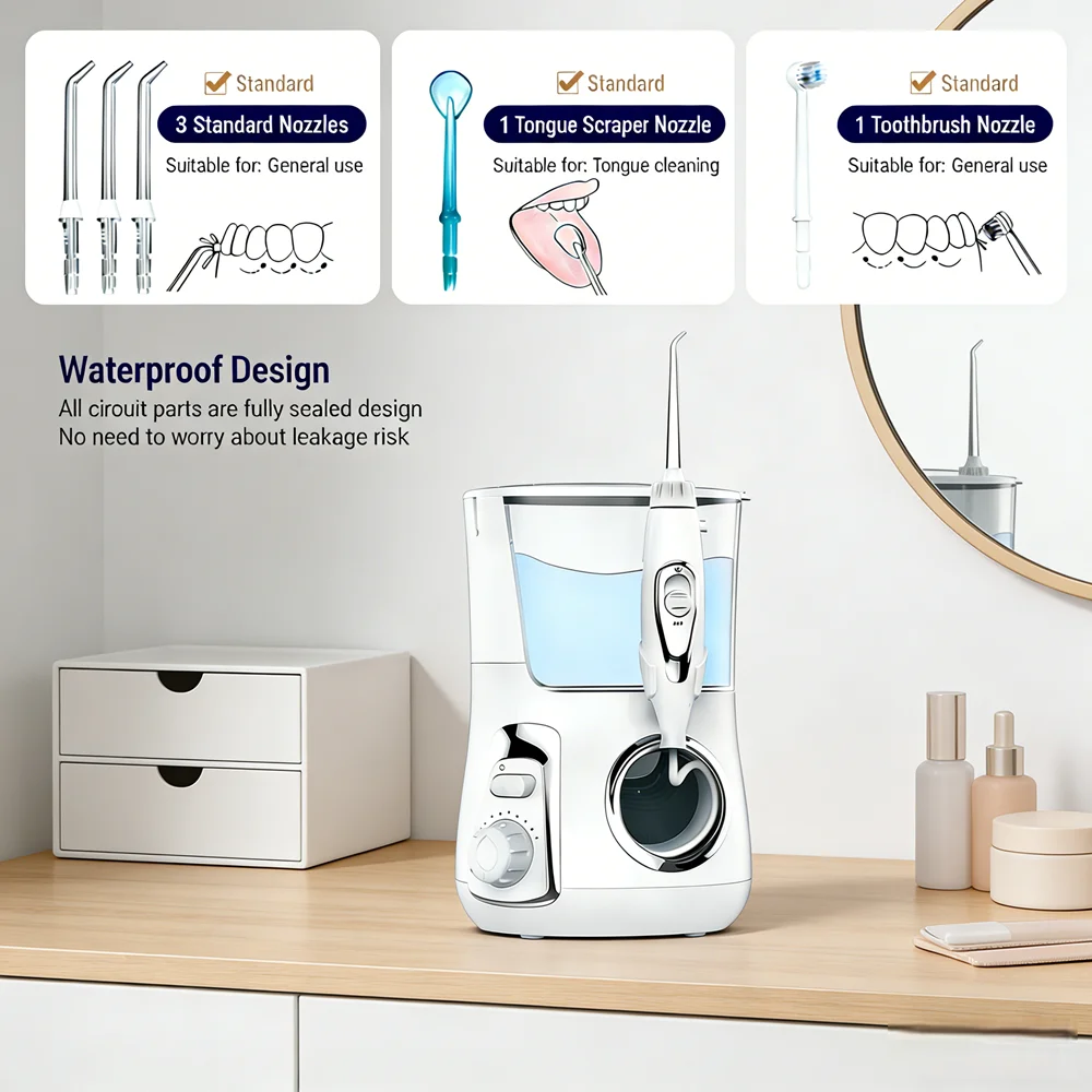 

Настольный ирригатор для полости рта с 10 режимами регулировки, 800 мл, электрический водный флоссер, набор для гигиены зубов с 5 сменными насадками