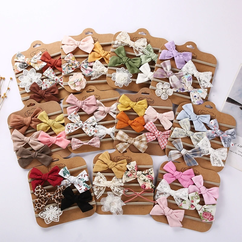 5Pcs Baby Girls Bow Headband Vinatge Floral Nylon Cotton Hair Bands Toddler Elastic Lace Headwrap For Children Hair Accessories