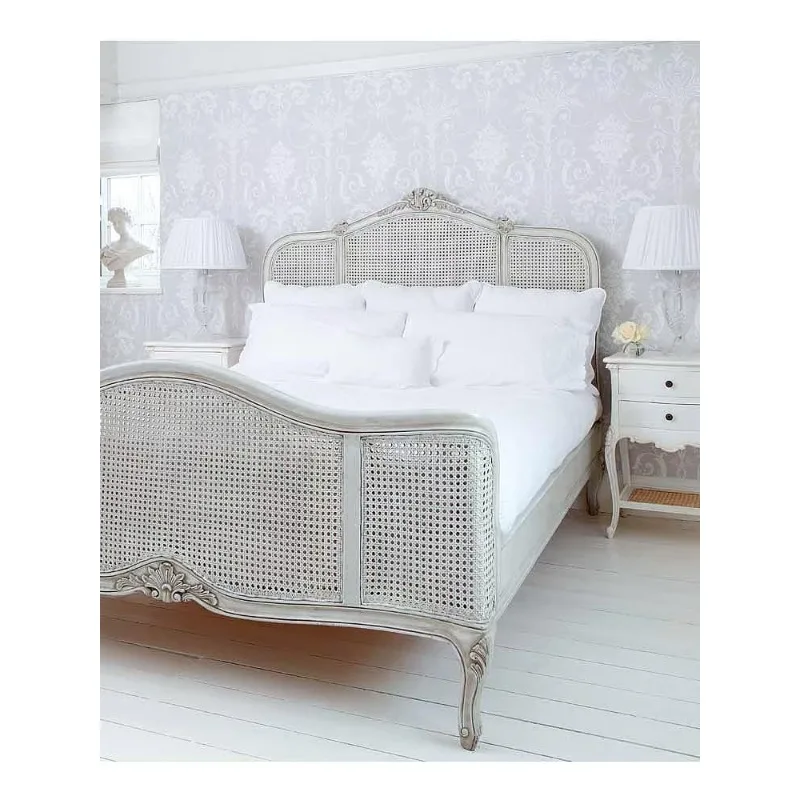 

High-end solid wood rattan art bed retro white old double solid wood bed American bedroom bed