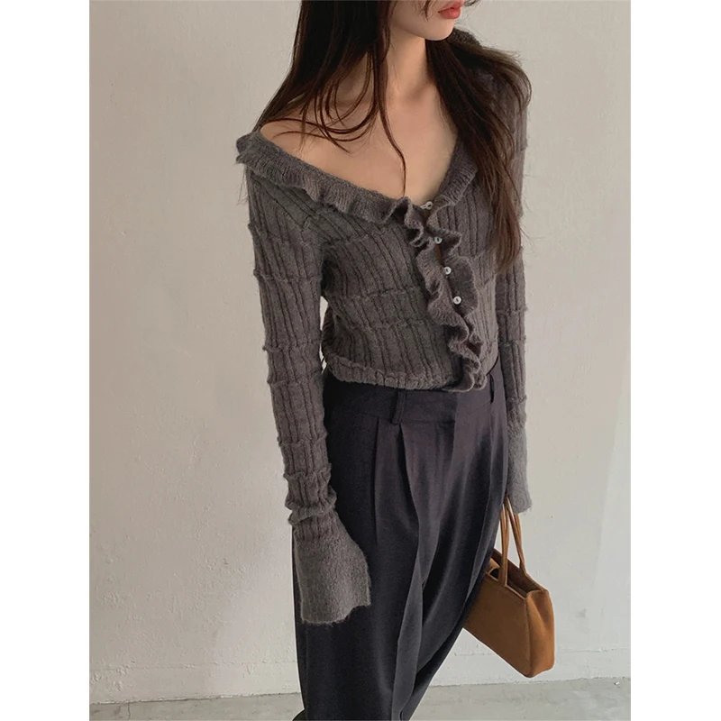 Sli Knitted Sweater with Large Collar And Straight Casual Pants for Women Spring Faion Low round Ne Long Sve Singl...