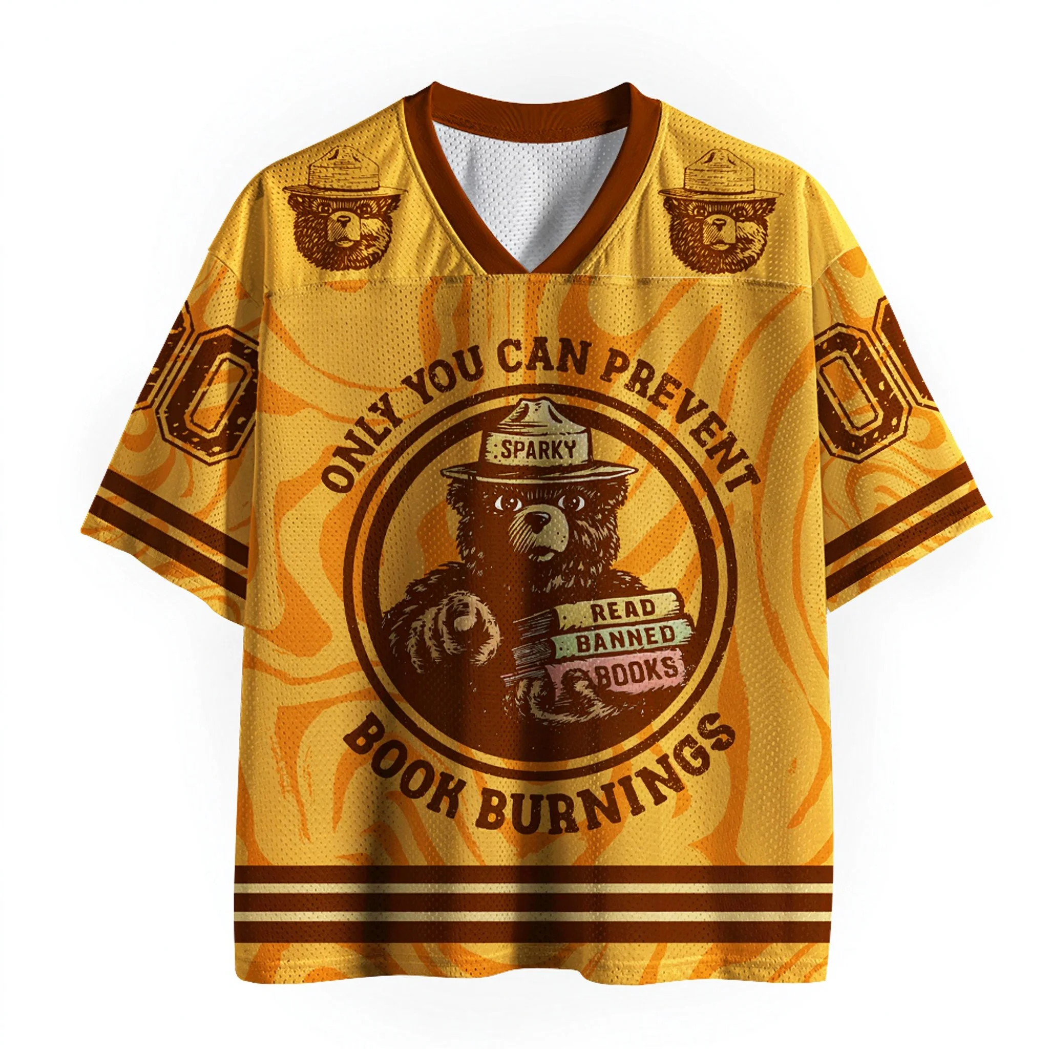 Only You Can Prevent Book Burnings Sparky Bear Mesh Jersey, Vintage Yellow V Neck Short Sleeve Book Lover Tee