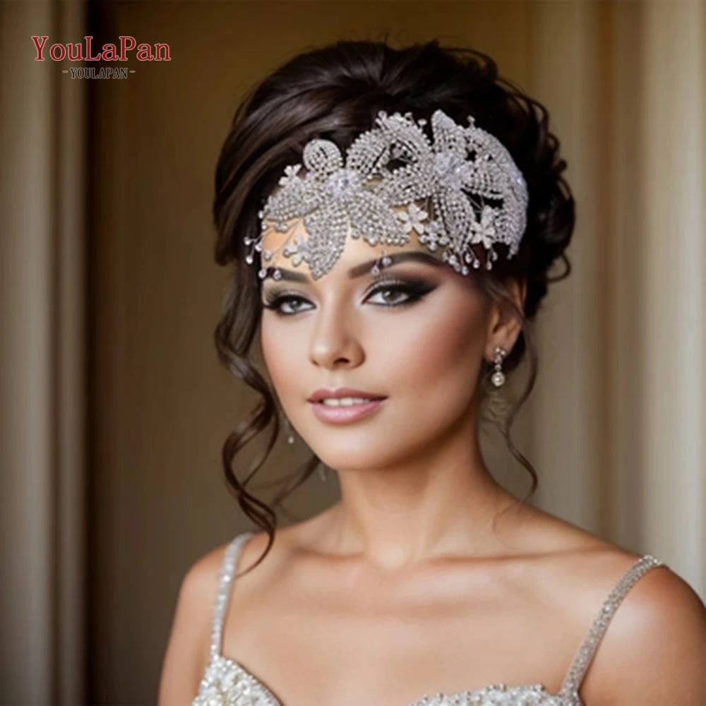 TOPQUEEN Shiny Wedding Headband Bridal Headpiece Rhinestone Brides Crown Banquet Hair Ornaments Wedding Tiara for Woman HP252