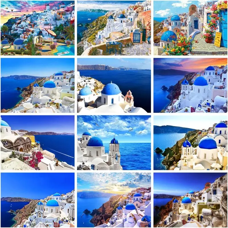 CHENISTORY Oil Painting By Number Santorini Landscape Kits Handpainted Diy Seascape Picture By Number Home Decoration Drawing On