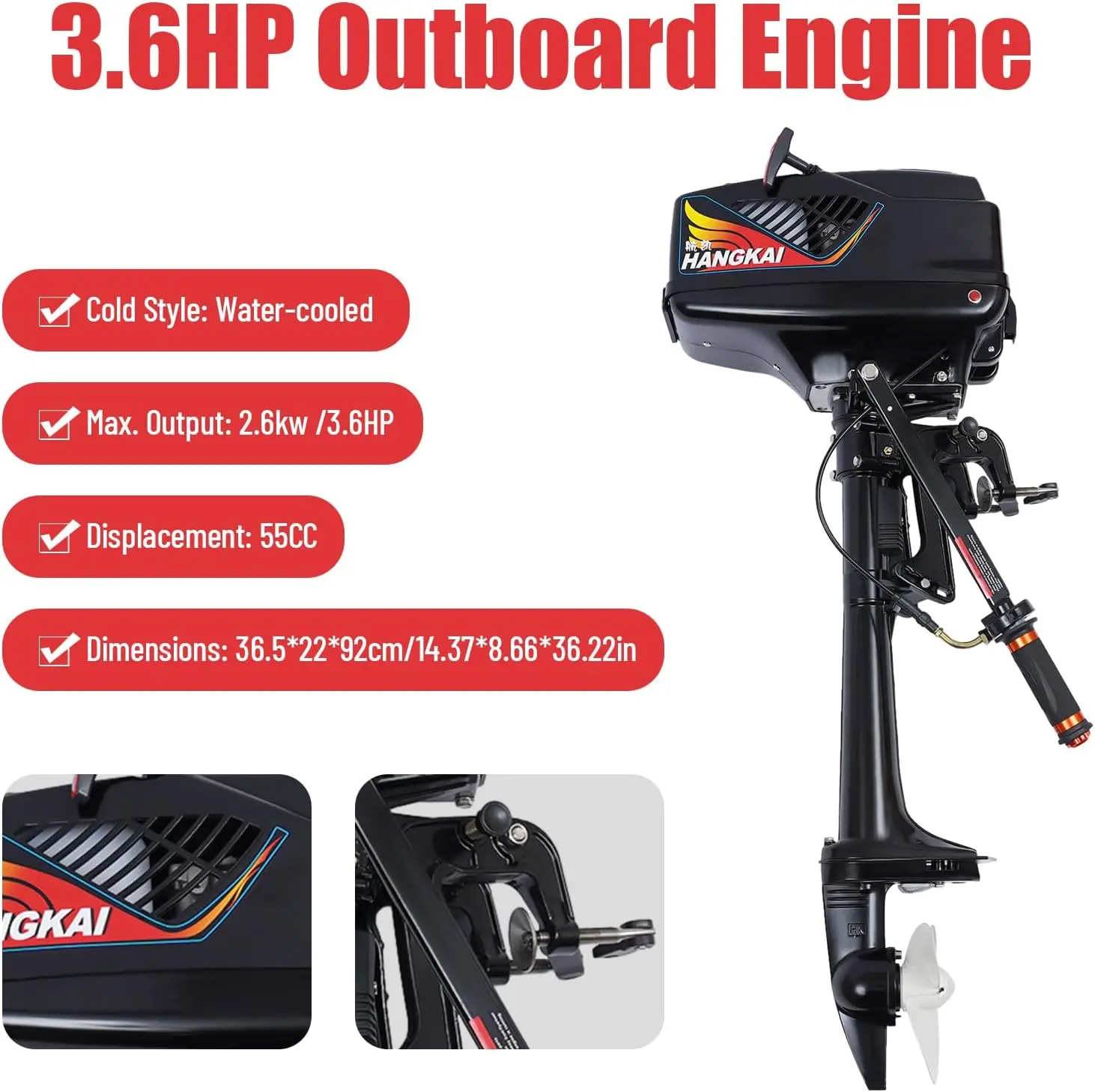 3.6HP 2 Stroke Outboard Motor 55cc Gas Fishing Boat Engine Fishing Outboard Motor for Rubber Inflatable Sail Boats