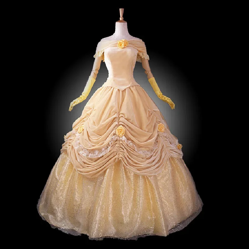 Belle Cosplay Costume Princess Yellow Dress For Adult Women Fancy Halloween Party Dresses