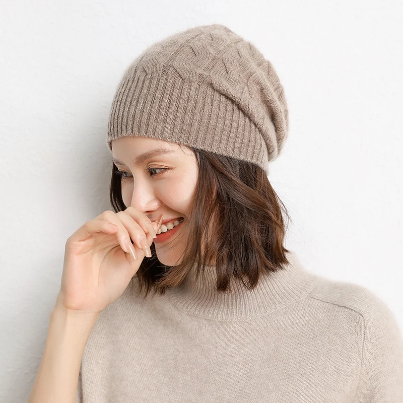 Hot Sale 2023 New Arrival Autumn Winter Women Hats 100% Cashmere Knitted Headgears Soft Thicken Warm Fashion Girl Cap 2 Colors