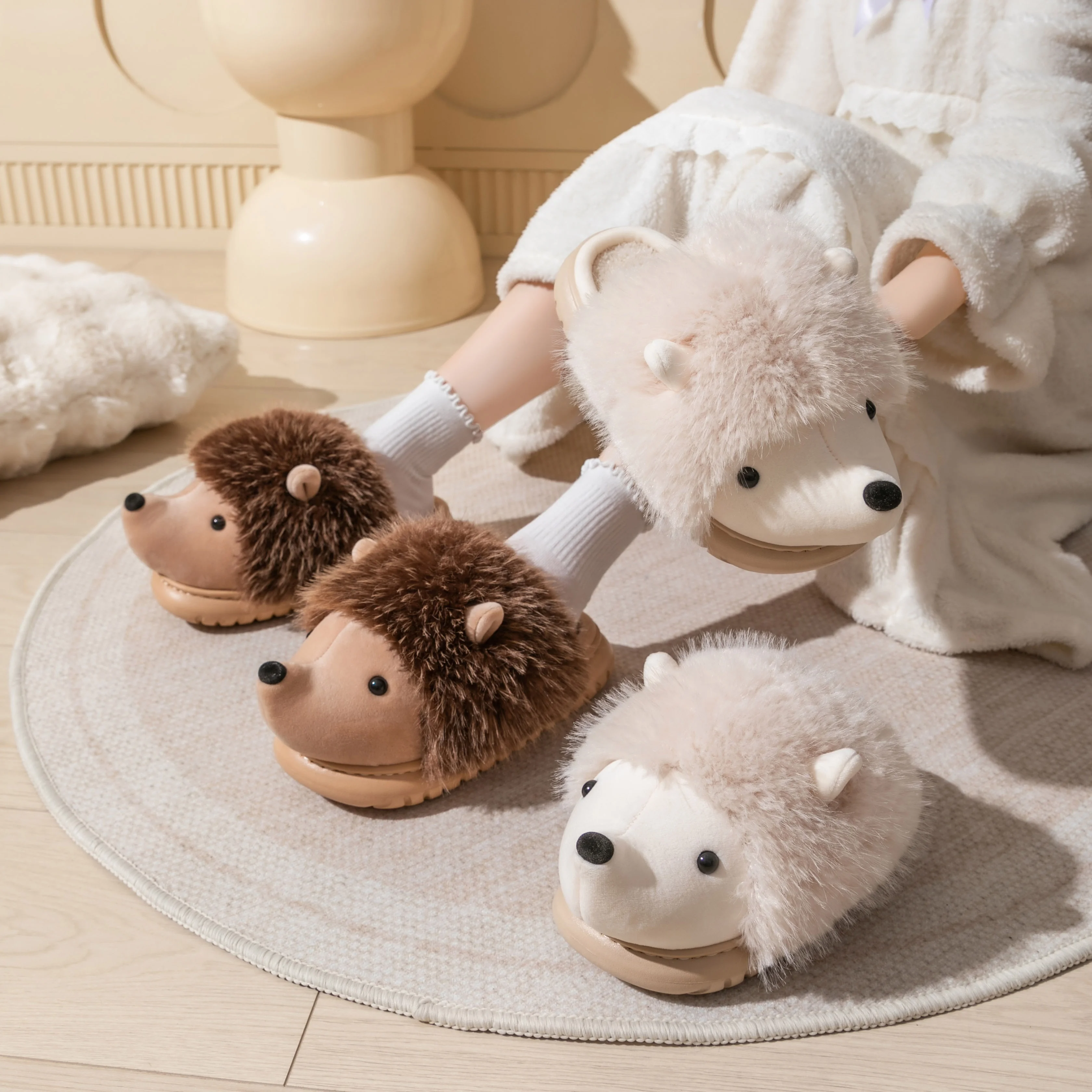 Cozy Hedgehog Plush Slippers for Women - Warm, Quiet Indoor/Outdoor Winter Shoes with Thick Sole and Cute Cartoon Design