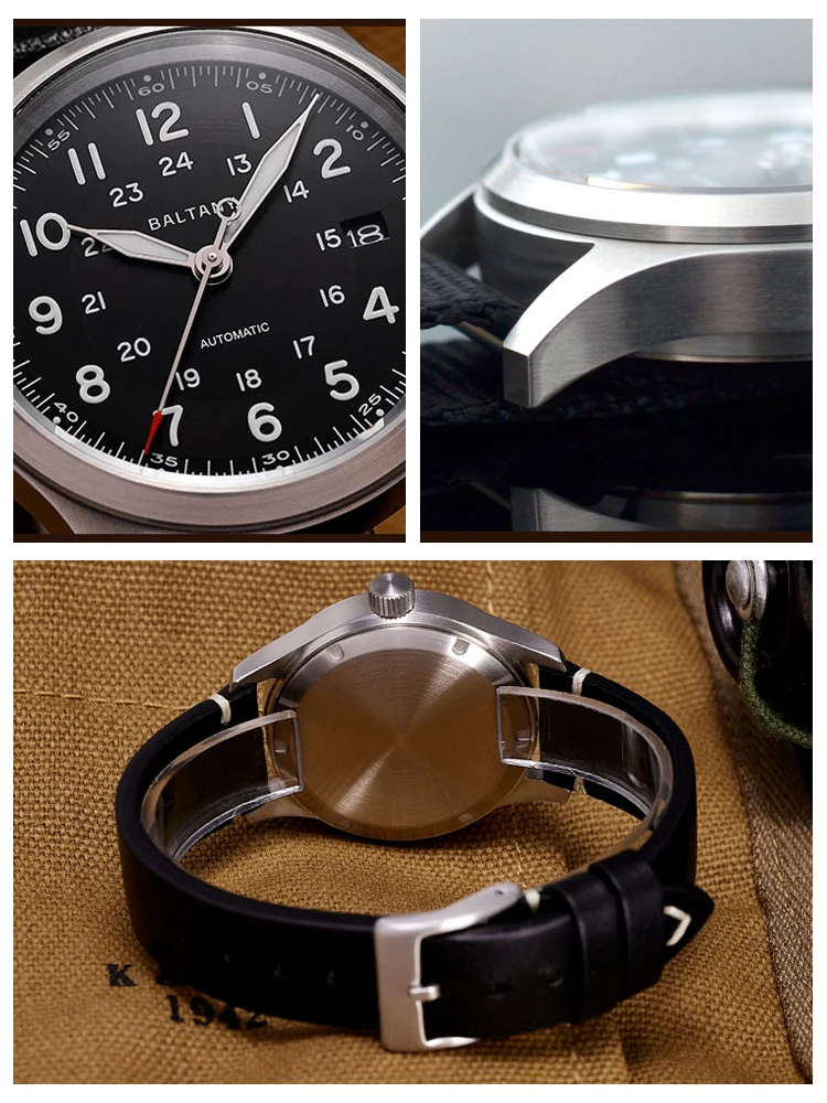 Baltany ساعة عسكرية خمر ساعة أوتوماتيكية الرجال 39 مللي متر ريترو NH35 ساعات المعصم الميكانيكية الرياضة الطيار مضيئة الساعات تحية
