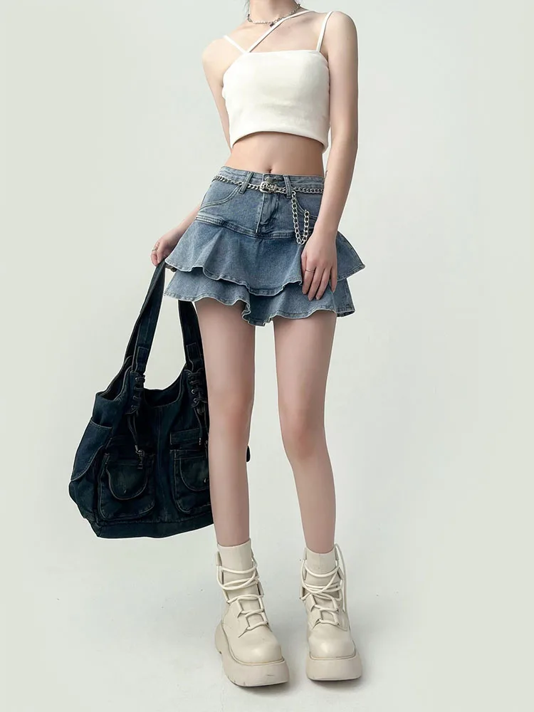 Y2K Double Ruffle Denim Skort High Waist Tiered Layer Mini Skirt Sexy Street Club Short Skirt with Inner Shorts