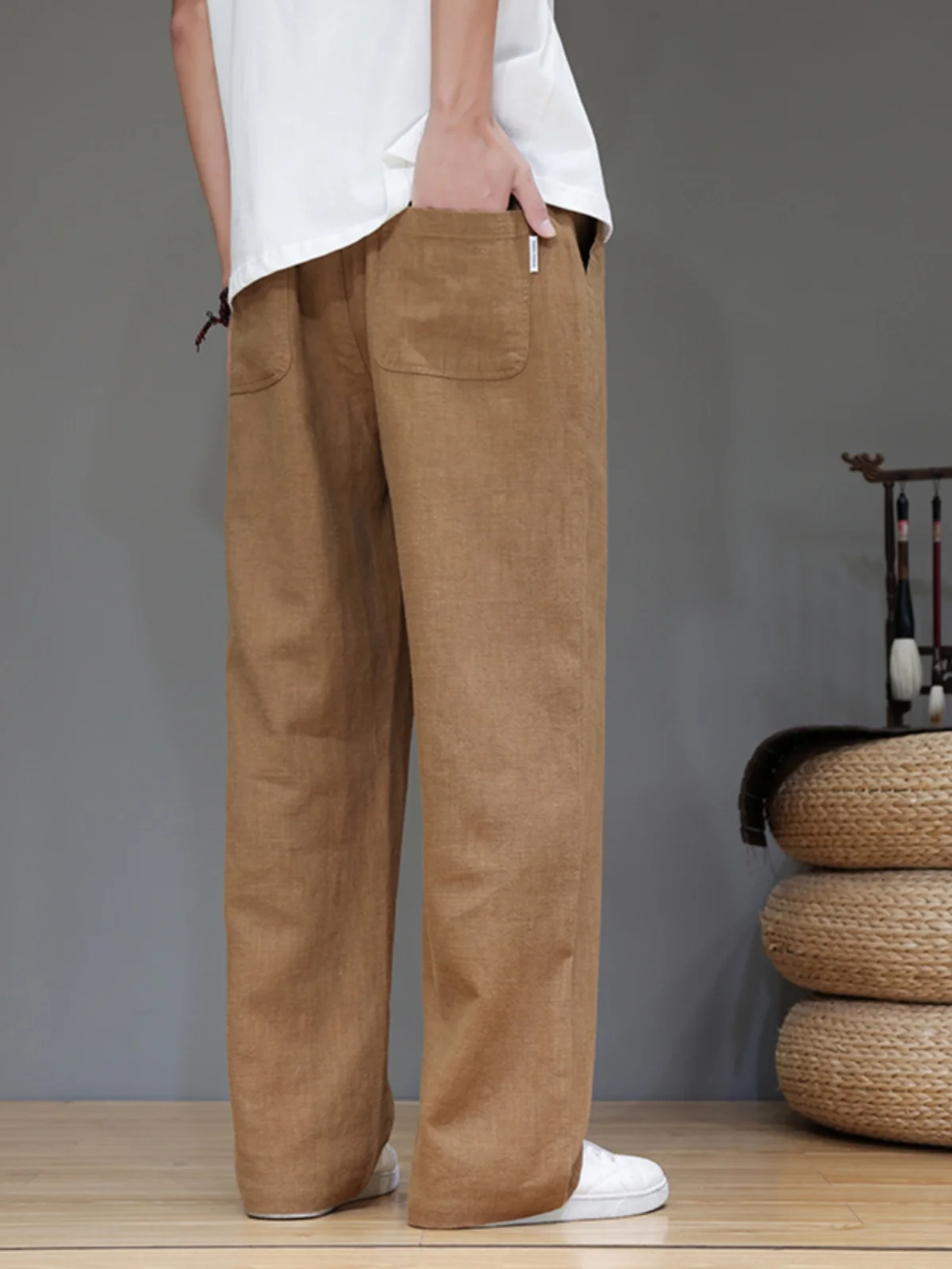 

Мужские летние тонкие хлопковые льняные брюки прямого кроя, свободные, широкие, длиной в пол, драпирующиеся, повседневные, дышащие