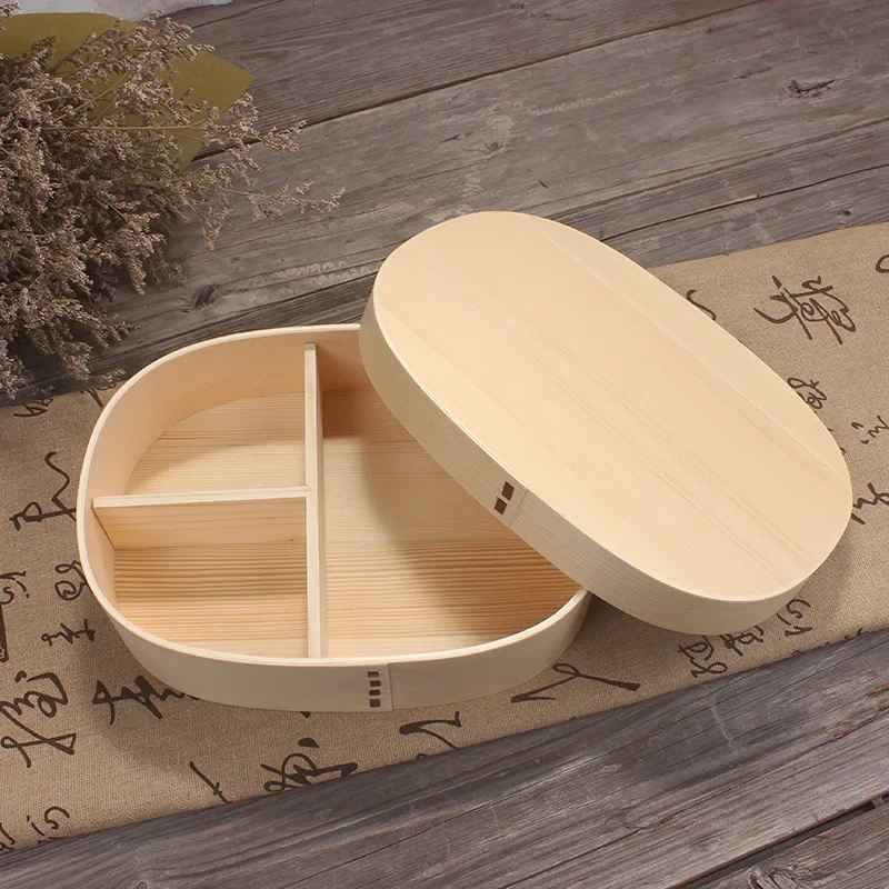 Japanese Style Wooden Single Layer Divided Compartment Portable Bento Box Sushi Fruit and Vegetable Salad Home Lunch Box