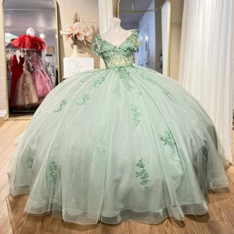 

Light Green Shiny Ball Gown Off The Shoulder Quinceanera Dresses Appliques Lace Beads Tull Corset Vestidos De 15 Años