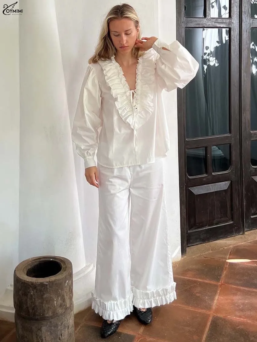

Oymimi Casual White Ruffled 2 Piece Sets Woman Outfit Fashion V-Neck Long Sleeve Lace-Up Blouses And High Waist Trousers Sets