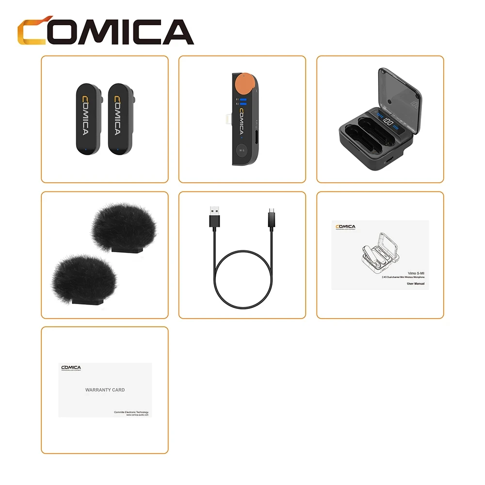 Comica Vimo S microfono Wireless USB-C/interfaccia Lightning 2.4G microfono compatto con risvolto con custodia di ricarica per SmartPhone IPad