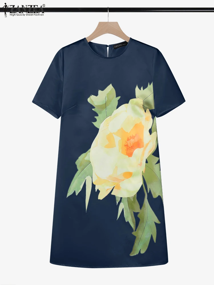 ZANZEA 女性 O ネック A ラインドレス半袖カジュアル夏の日常着膝丈ローブ花柄サテンエレガント Vestidos