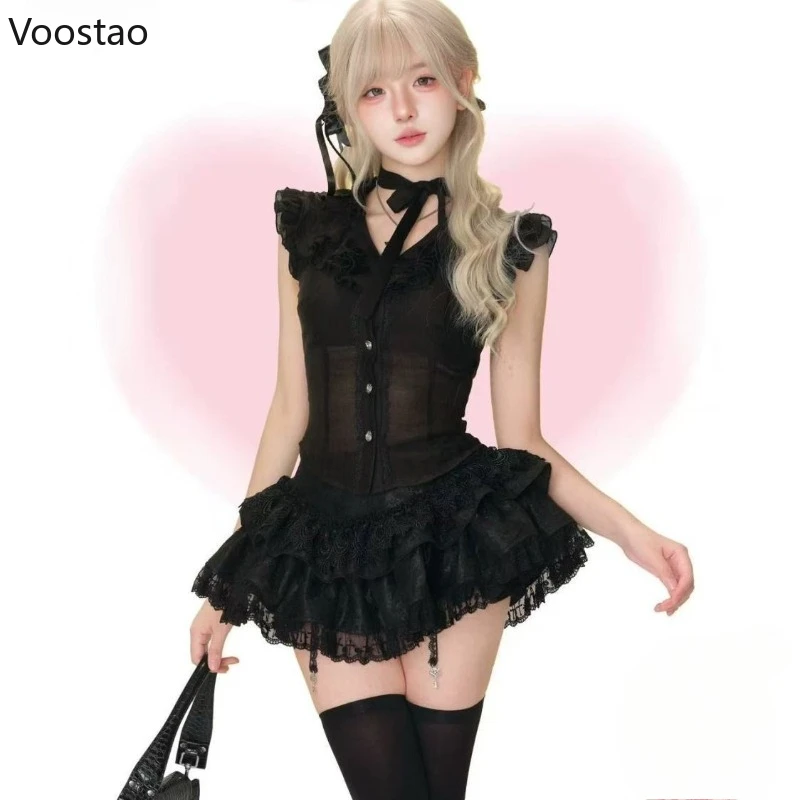 

Japanese Gothic Lolita 2 Piece Sets Women Y2k Aesthetic Black Slim Shirt Tops Lace Ruffles Mini Cake Skirts Female Punk Suits