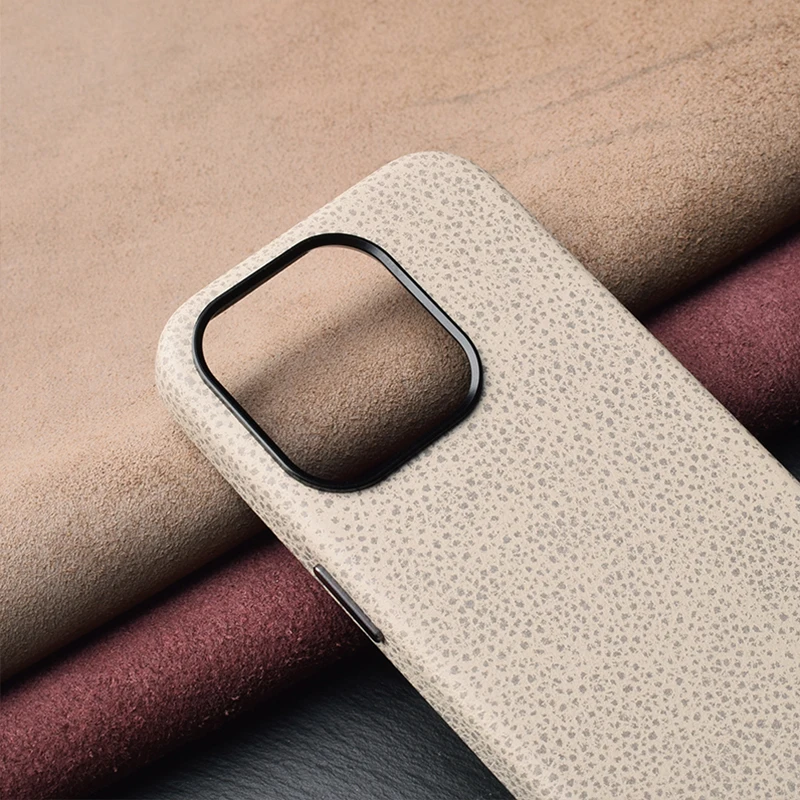 Genuine Leather Case For iPhone 15 Pro Max Luxury Real Skin Phone Back Cover For Apple iPhone 15 Pro Magnetic Beige Color