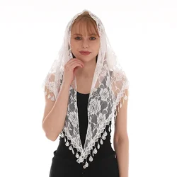 Fashionable Lace Single Color Triangle Tassel Towel Women Veil Pure Color Flower Triangle Scarf Prayer Hijab 160*80cm