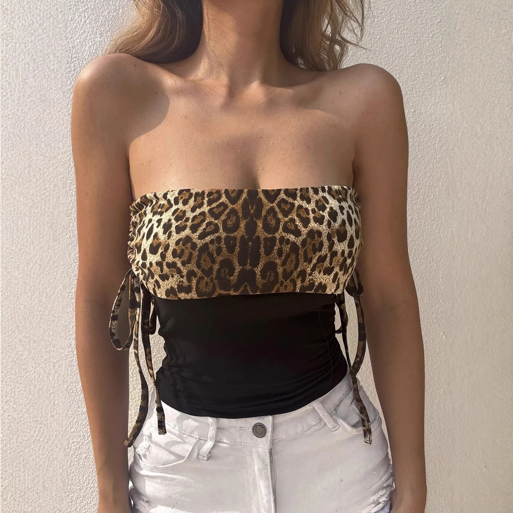 Sexy Leopard Print Color Block Side Gathered Belted Wrap Bustier Top Women's Knitted Tube Tops Chinese Made Regular Thickness