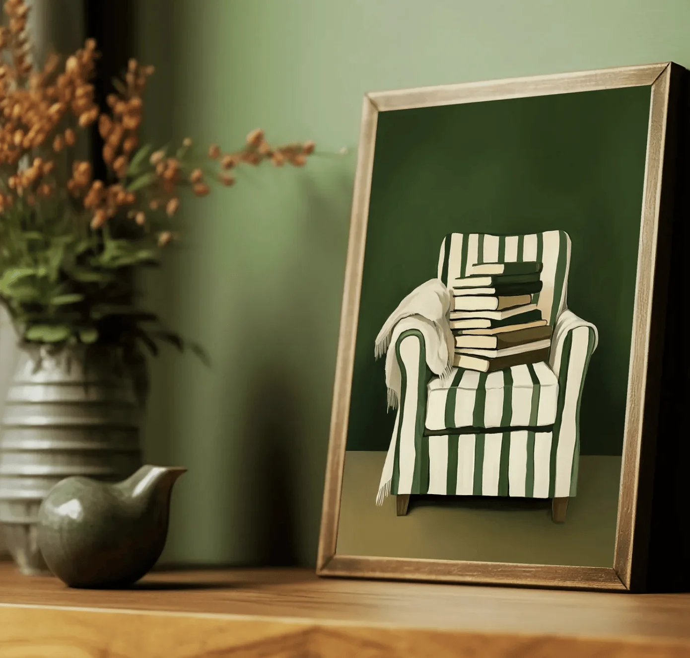 Striped Armchair Stacked Books Canvas Prints Wall Art Posters Decor Bedroom Living Room Study Library Office Decor