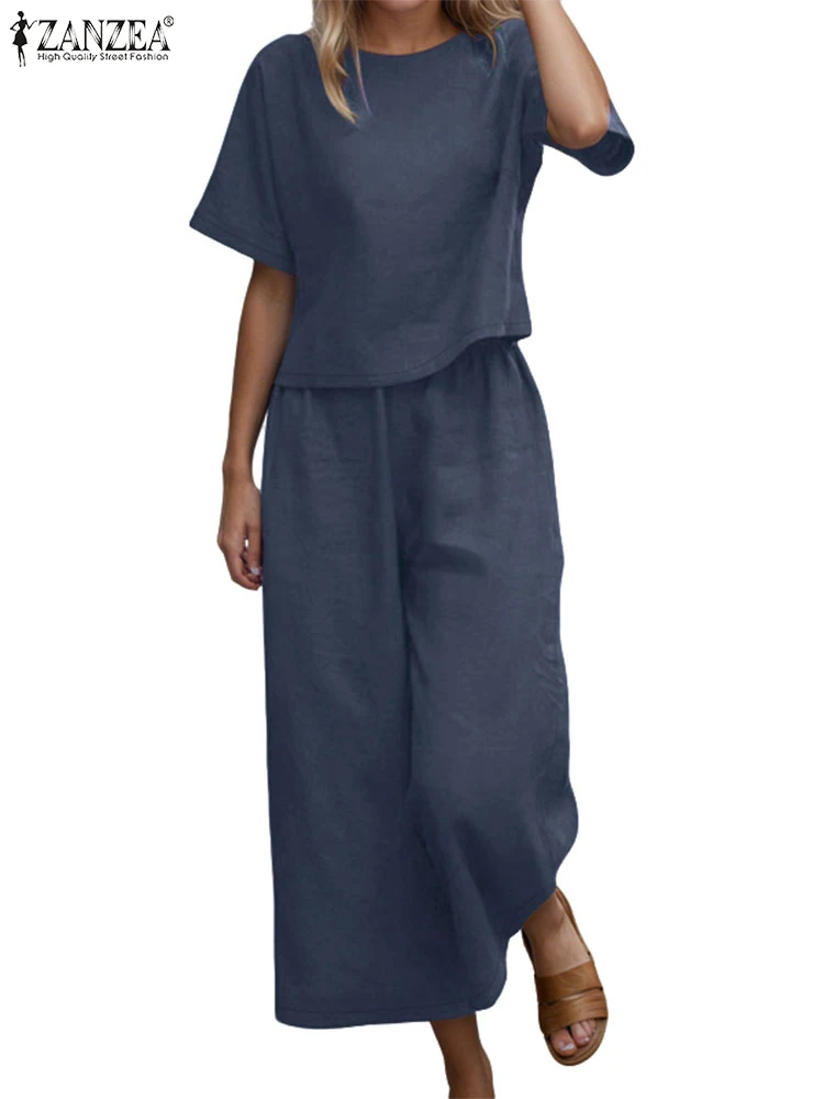 

ZANZEA 2025 Summer Casual 2 Pieces Sets Loose O-Neck Half Sleeve Tops Wide Leg Cropped Pants Two Piece Outfits Daily Pant Sets