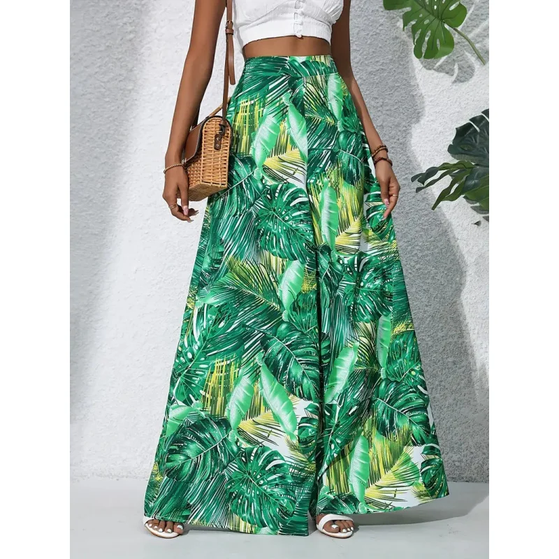 2026 Women High Waist Tropical Leaf Print Wide Leg Pants Casual Summer Beach Flowy Palazzo Trousers Multi Colors
