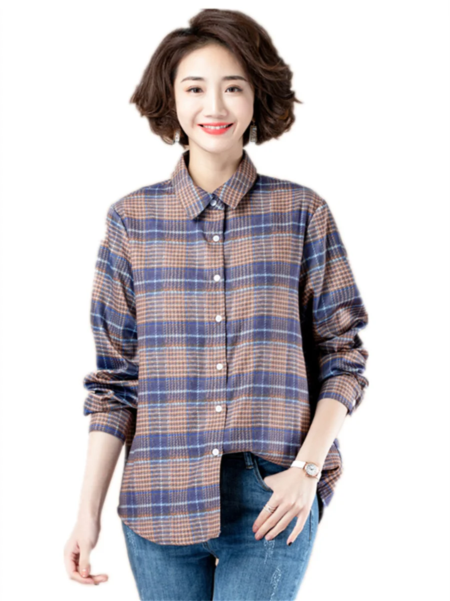 

4XL Loose Women Spring Autumn Blouses Shirts Lady Fashion Casual Long Sleeve Turn-down Collar Plaid Stripes Blusas Tops CT0380