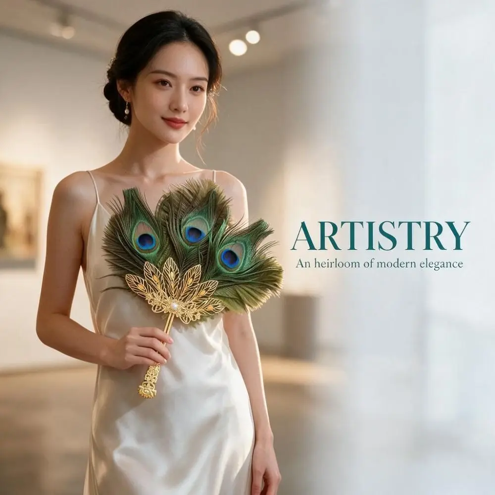 Green Peacock Feather Fan Metal Handle Multi-Color Decorative Handheld Fan Elegant Gorgeous Dance Performance Prop Fan