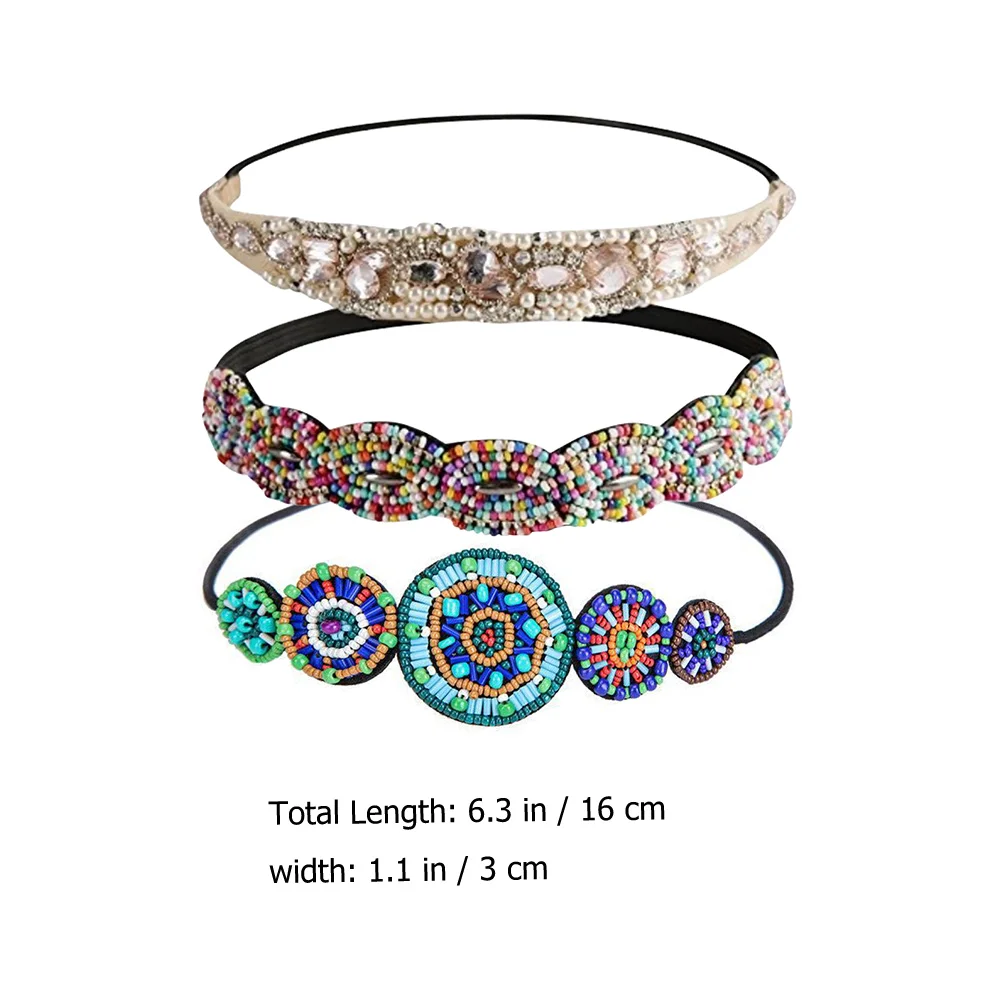 

3pcs Elastic Headbands Women Rhinestone Beaded Hair Accessories Durable One Size Fits Most Wedding Festival Prom