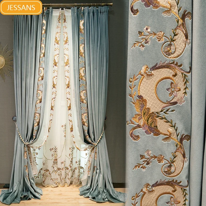 American Haze Blue Embroidered Flannelette Patched Curtains for Living Room Bedroom French Window Balcony Custom Window Screen