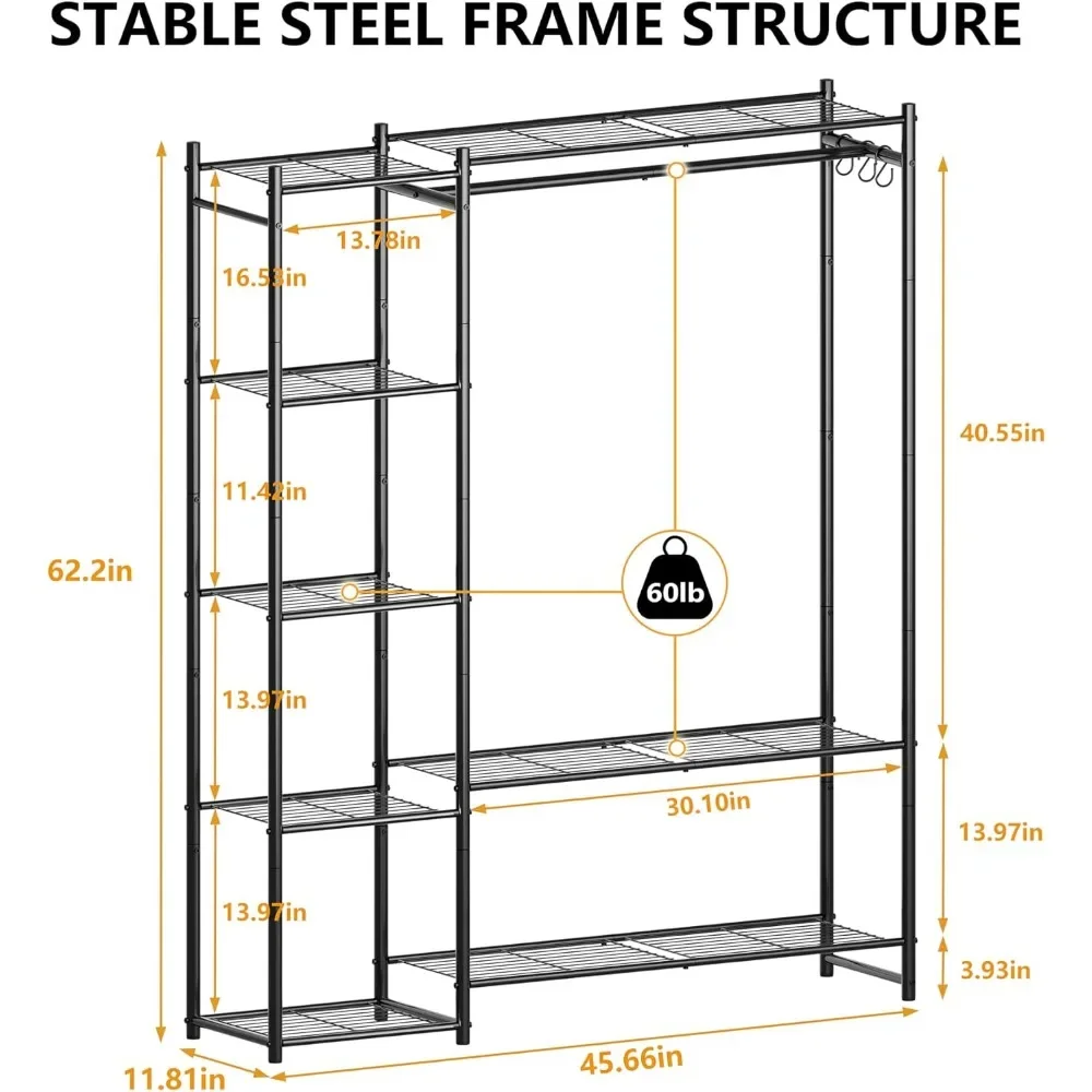Portable Clothes Rack with 4 Shelves & Hanging Rod, Steel Wardrobe Organizer for Bedroom, Closet, Entryway, Black view 3