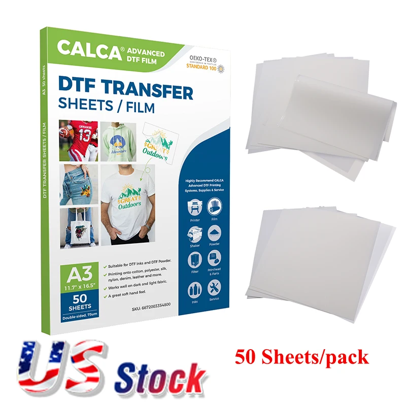 

CALCA 50PCS A3 11.7"x16.5" DTF Printer Direct to Film Printing Transfer AB Film Double Sided Hot Peel US Stock Bulk Wholesale