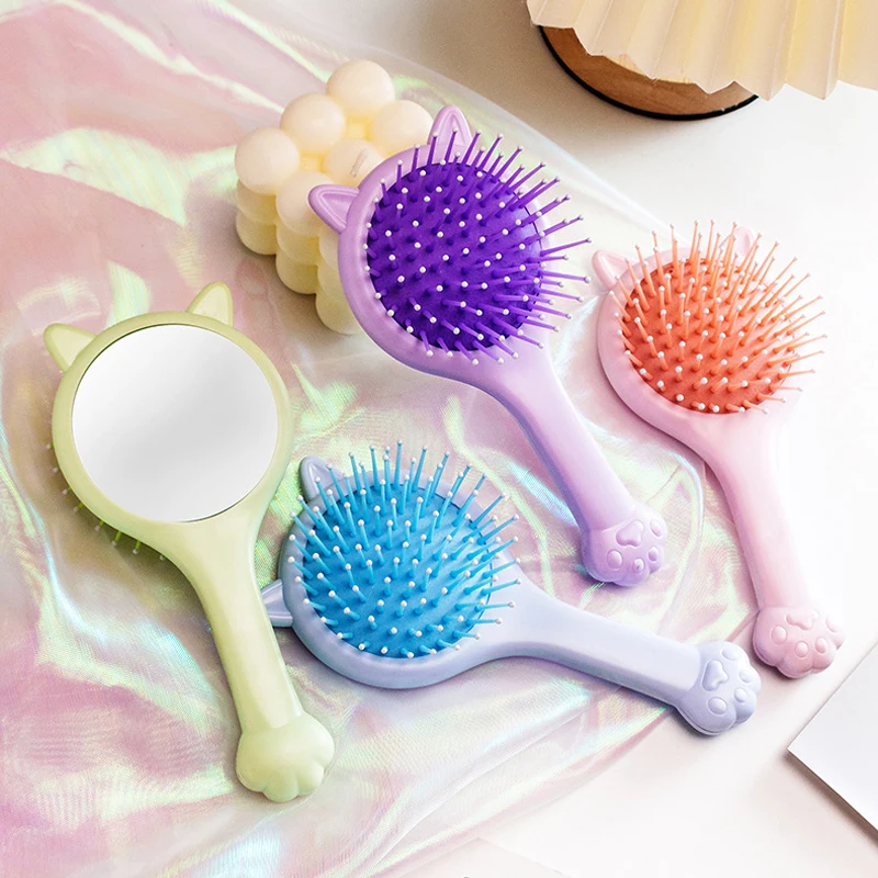 Mini Cat Ear Massage Airbag Hair Brush With Makeup Mirror Cartoon Hairdressing Comb For Girls