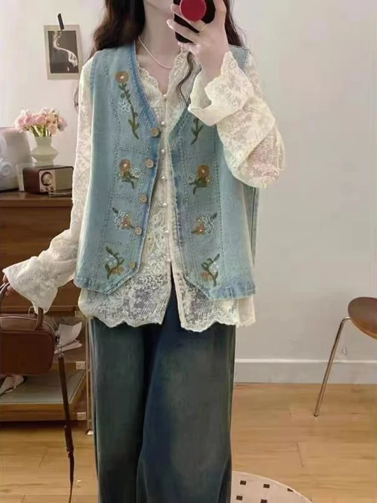 حجم كبير نمط الملح 2026 ربيع جديد مطرزة سترة جينز رداء علوي غير رسمي فضفاض صالح التخسيس الحلو نمط للنساء #4