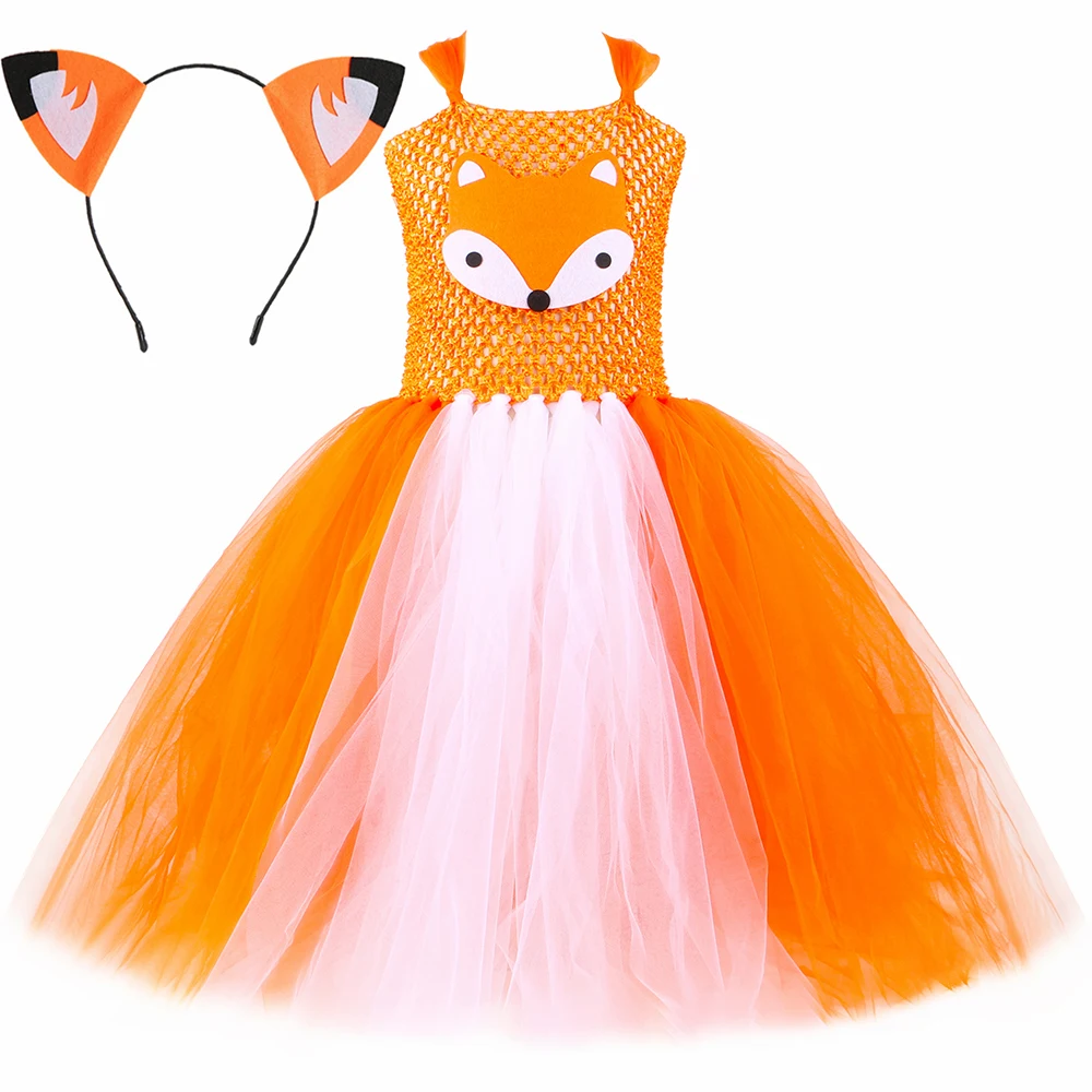 

Orange Fox Costume for Girls Halloween Carnival Dress Up Jungle-themed Party Cartoon Animal Tutu Dress Long Kids Tulle Dresses