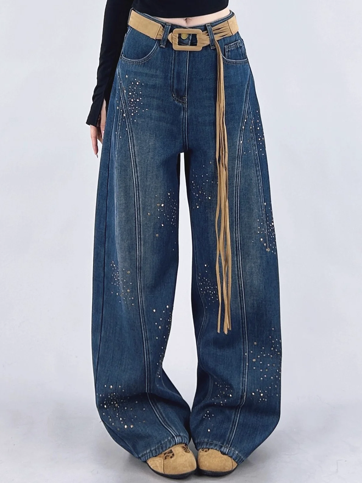 

Retro Casual Rhinestone Design Wide Leg Knife Jeans Slimming Versatile Scythe Pants High Waist Loose Fit Blue Denim