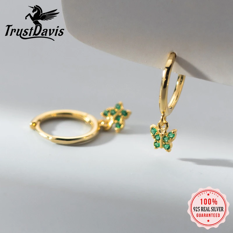 

TrustDavis стерлингового серебра 925 пробы, висячие серьги-кольца с бабочкой и цирконием, универсальные очаровательные серьги-кольца для женщин, свадебные украшения S925 DA1986