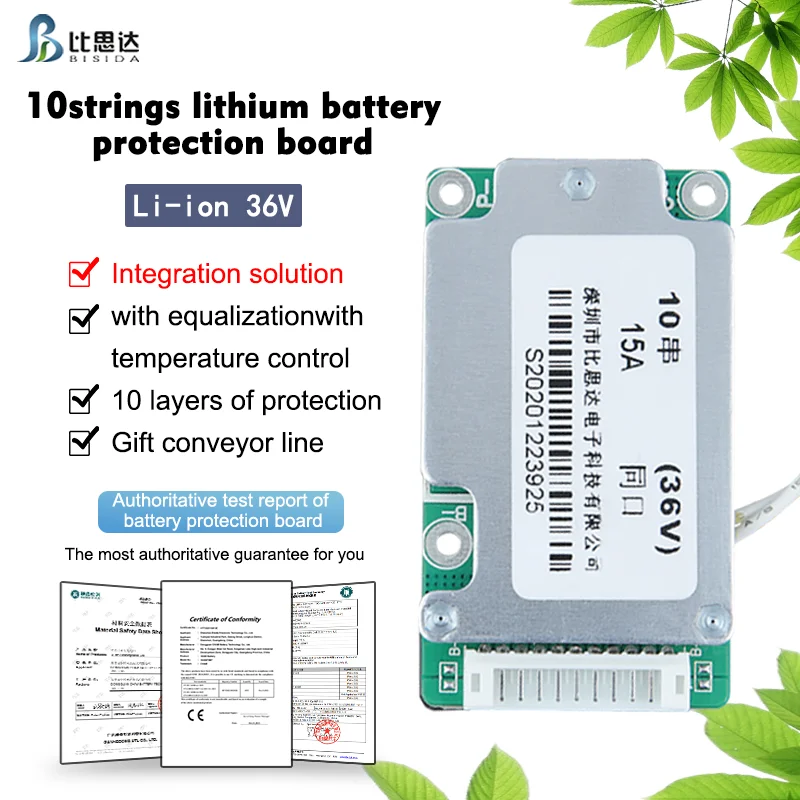 Bisida 10S BMS 36V Li-ion PCB Protection Board with Balance Wire and NTC, Split Ports, for Lithium-ion Battery Pack