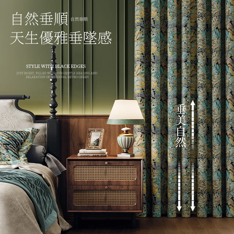 Cotton Linen Blackout Curtains Vintage Yarn Dyed Window Curtains for Living Room Bedroom Retro Gold Leaf Pattern Drapes