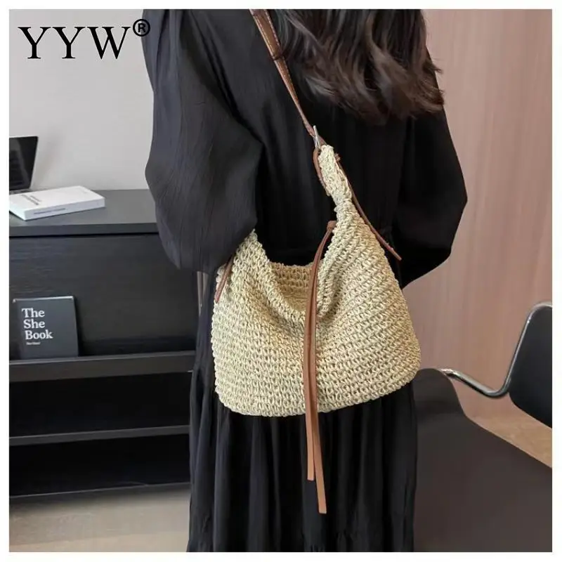 Straw Beach Bag Summer Woven Tote Bag PU Leather Shoulder Bag for Women Casual Large Capacity Female Rattan Boho Handbag Raffia