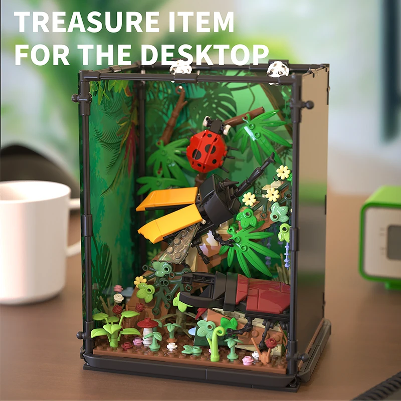 Rainforest Insect Ecological Box Building Blocks Beetle Ladybug Scene Model With Light Desktop Ornament Diy Toy For Adults Gift