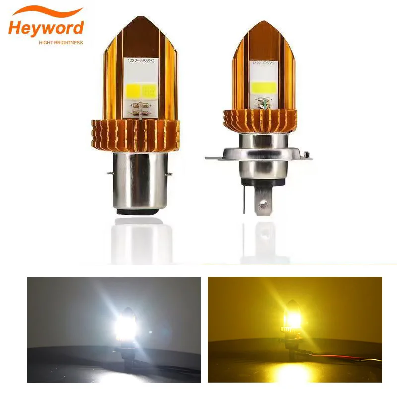 Heyword H4 BA20DLED Motorcycle Headlight Bulb - 10000LM Super Bright, High/Low Beam Fog Light,  Error-Free, Yellow and white