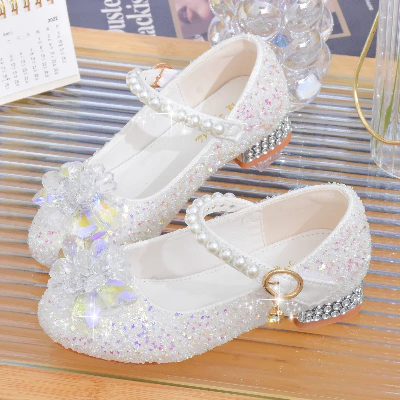 Girls' Princess Shoes Fashion Pearl Rhinestone White Leather Shoes Spring New Children's High Heels Girls' Performance Shoes